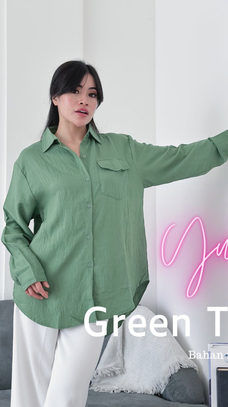 Cammomile YURRI Hijau Green tea 2303086 kemeja wanita Linen Panjang