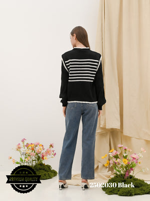 Cammomile 2502030 Rajut  V26 Garis Lengan panjang Korea Style