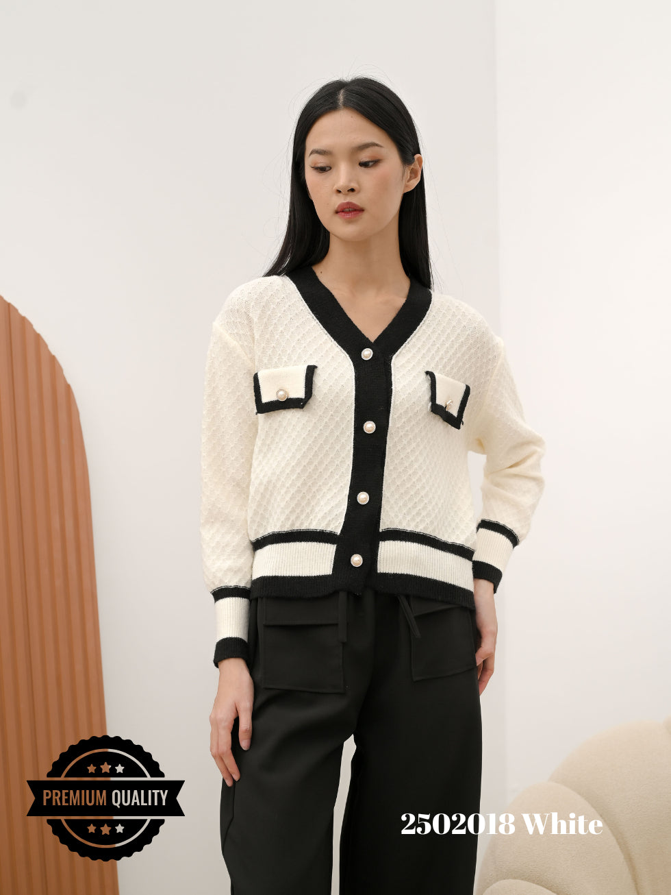 Cammomile 2502018 Cardigan V26 rajut kantong list 2 lengan panjang
