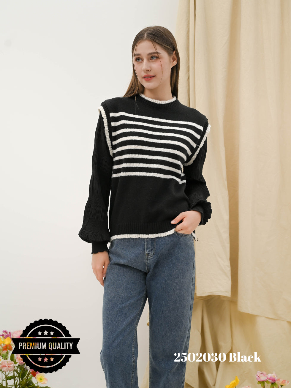 Cammomile 2502030 Rajut  V26 Garis Lengan panjang Korea Style