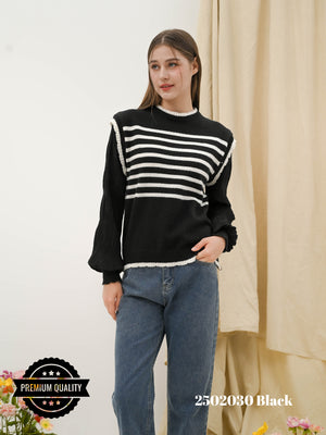Cammomile 2502030 Rajut  V26 Garis Lengan panjang Korea Style