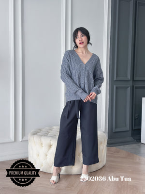 Cammomile 2502036 v26 Cardigan Korea Style rajut tebal kancing 3 lengan panjang corak rantai chain