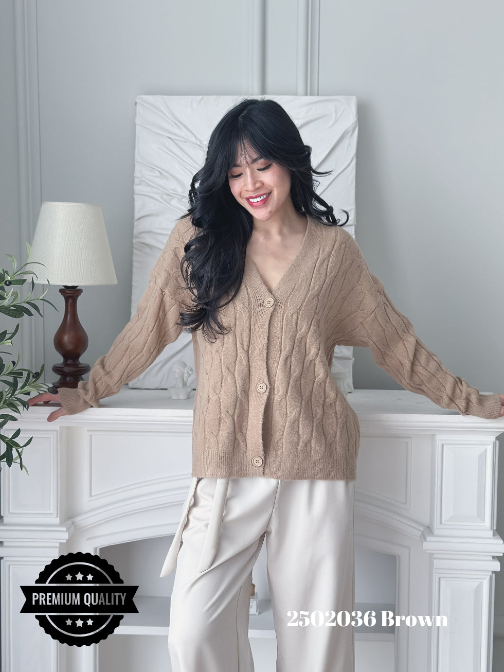 Cammomile 2502036 v26 Cardigan Korea Style rajut tebal kancing 3 lengan panjang corak rantai chain