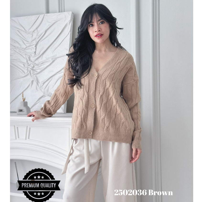 Cammomile 2502036 v26 Cardigan Korea Style rajut tebal kancing 3 lengan panjang corak rantai chain