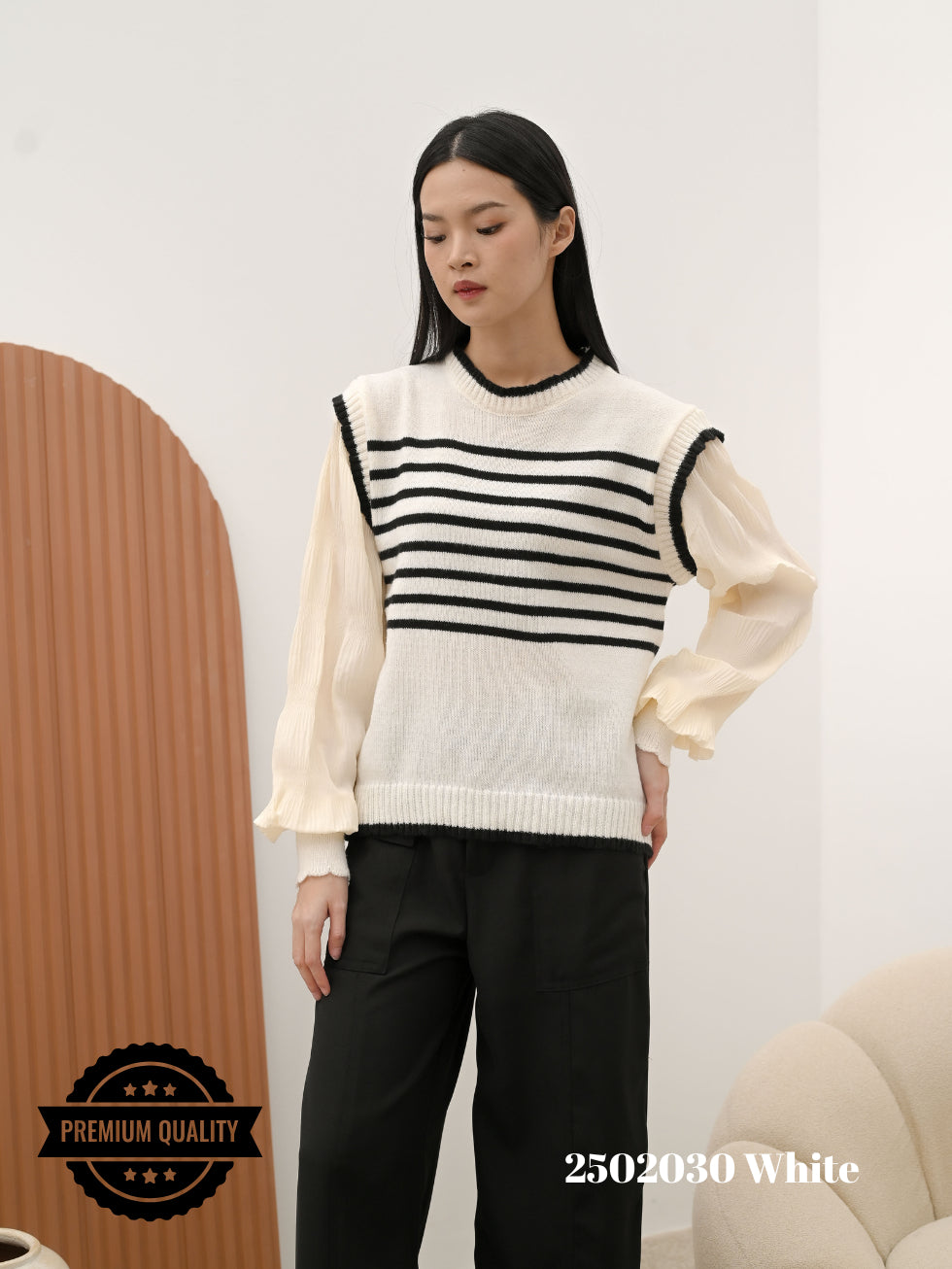 Cammomile 2502030 Rajut  V26 Garis Lengan panjang Korea Style