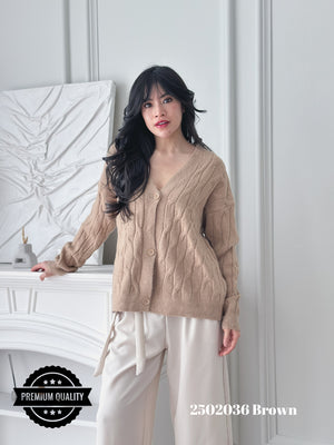 Cammomile 2502036 v26 Cardigan Korea Style rajut tebal kancing 3 lengan panjang corak rantai chain