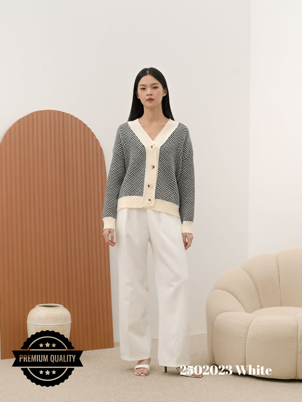 Cammomile 2502023 V26 Cardigan rajut garis tebal lengan panjang