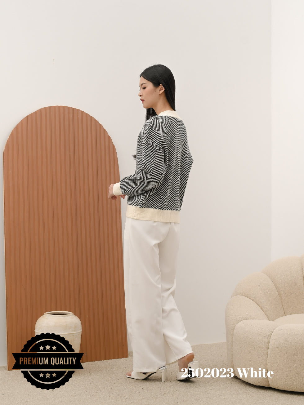 Cammomile 2502023 V26 Cardigan rajut garis tebal lengan panjang