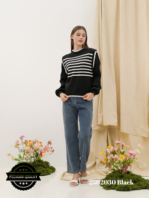 Cammomile 2502030 Rajut  V26 Garis Lengan panjang Korea Style