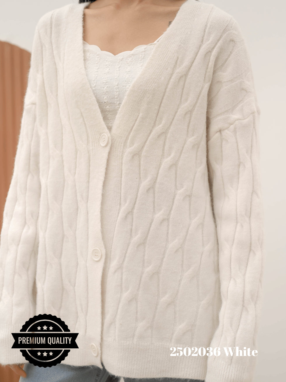 Cammomile 2502036 v26 Cardigan Korea Style rajut tebal kancing 3 lengan panjang corak rantai chain