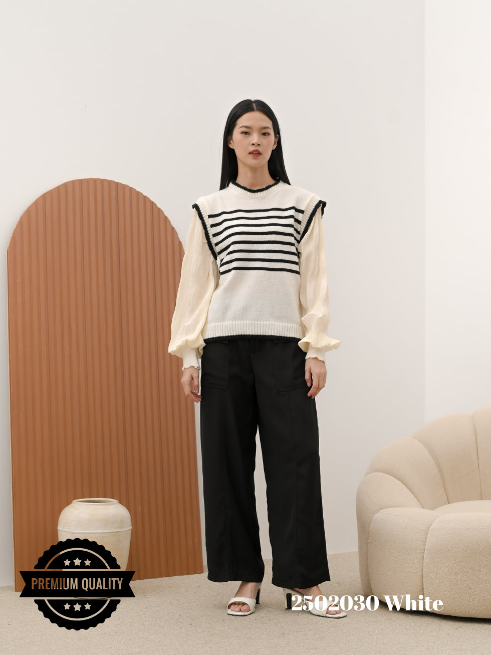 Cammomile 2502030 Rajut  V26 Garis Lengan panjang Korea Style