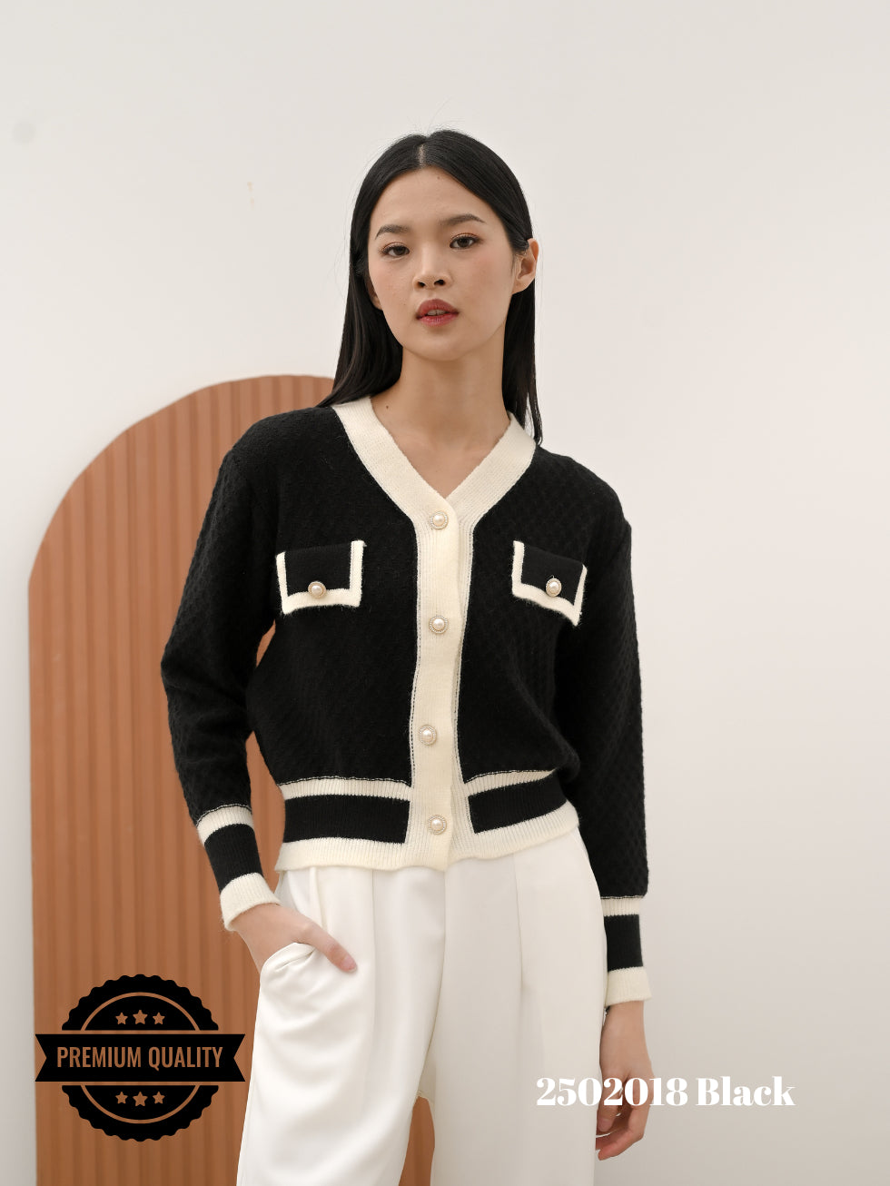 Cammomile 2502018 Cardigan V26 rajut kantong list 2 lengan panjang