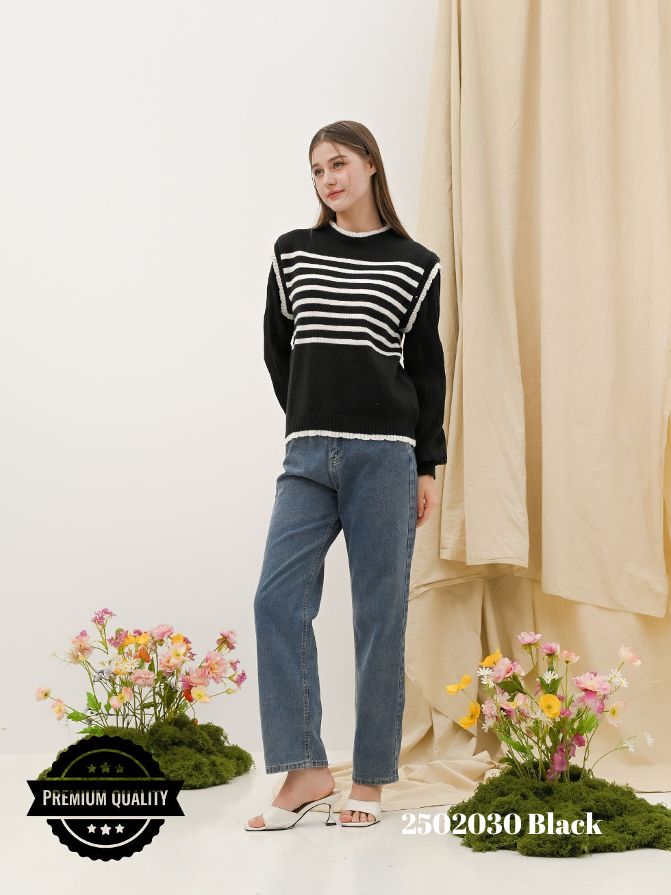 Cammomile 2502030 Rajut  V26 Garis Lengan panjang Korea Style