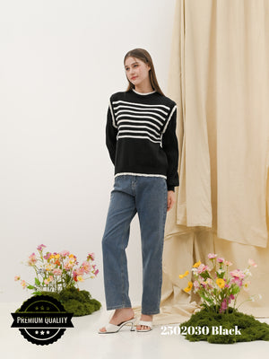Cammomile 2502030 Rajut  V26 Garis Lengan panjang Korea Style