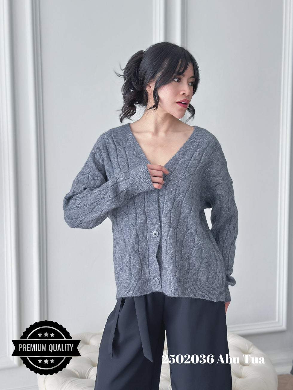 Cammomile 2502036 v26 Cardigan Korea Style rajut tebal kancing 3 lengan panjang corak rantai chain
