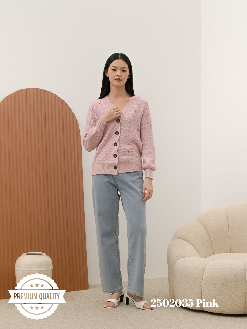 Cammomile 2502035 v26 Cardigan korea Style tebal kancing 5 rajutan knitwear lengan panjang