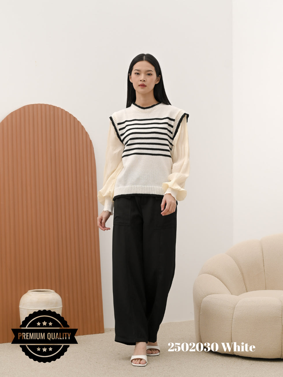 Cammomile 2502030 Rajut  V26 Garis Lengan panjang Korea Style