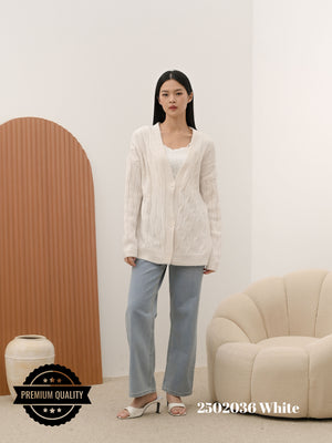 Cammomile 2502036 v26 Cardigan Korea Style rajut tebal kancing 3 lengan panjang corak rantai chain